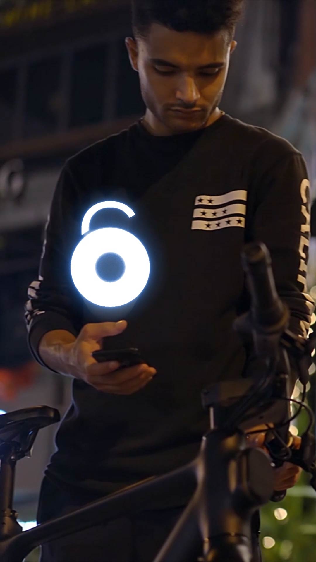 Social media ads featuring a man unlocking a MODMO bike with a glowing padlock icon, showcasing its high-tech and smart functionality.