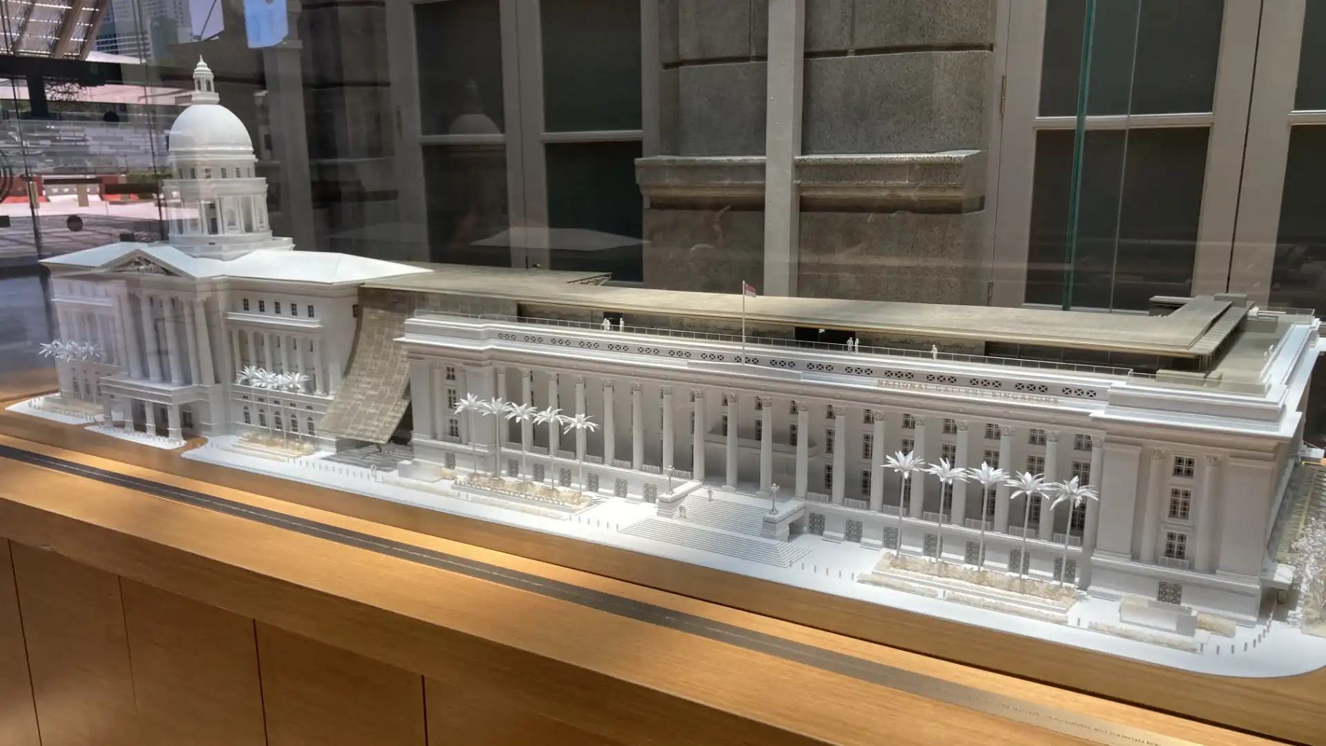 Scale model of National Gallery Singapore showing both the Supreme Court and City Hall wings, photographed during scouting for the Light To Night 2026 video mapping projection